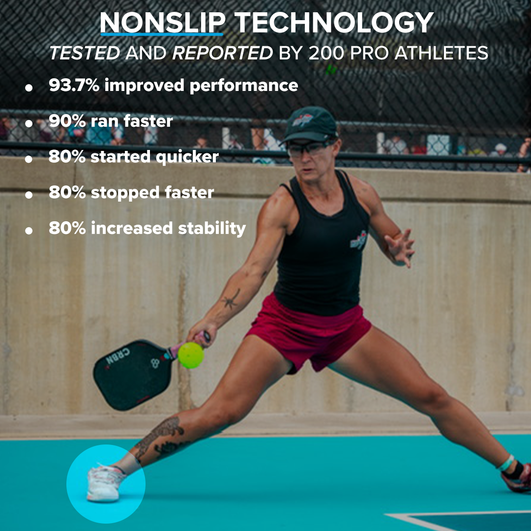 A female pickleball player in a black tank and red shorts lunges on an outdoor court, swinging at a green ball. Above, text highlights Blumaka NonSlip ‘FoamLock’ Performance Insoles, tested by 200 pros for improved stability and performance.