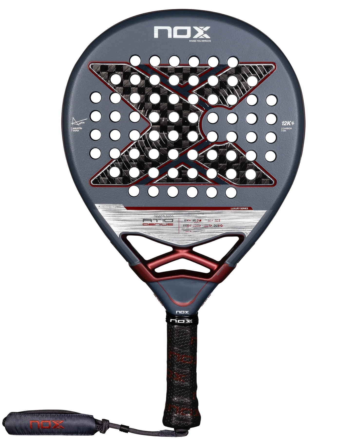 The Padel USA Nox AT10 Luxury GENIUS 12K 2025 by Agustin Tapia features a round dark gray head with circular holes, a bold black X design, exclusive spin tech, 12K carbon fiber, and a textured black grip handle with wrist strap and red accents.
