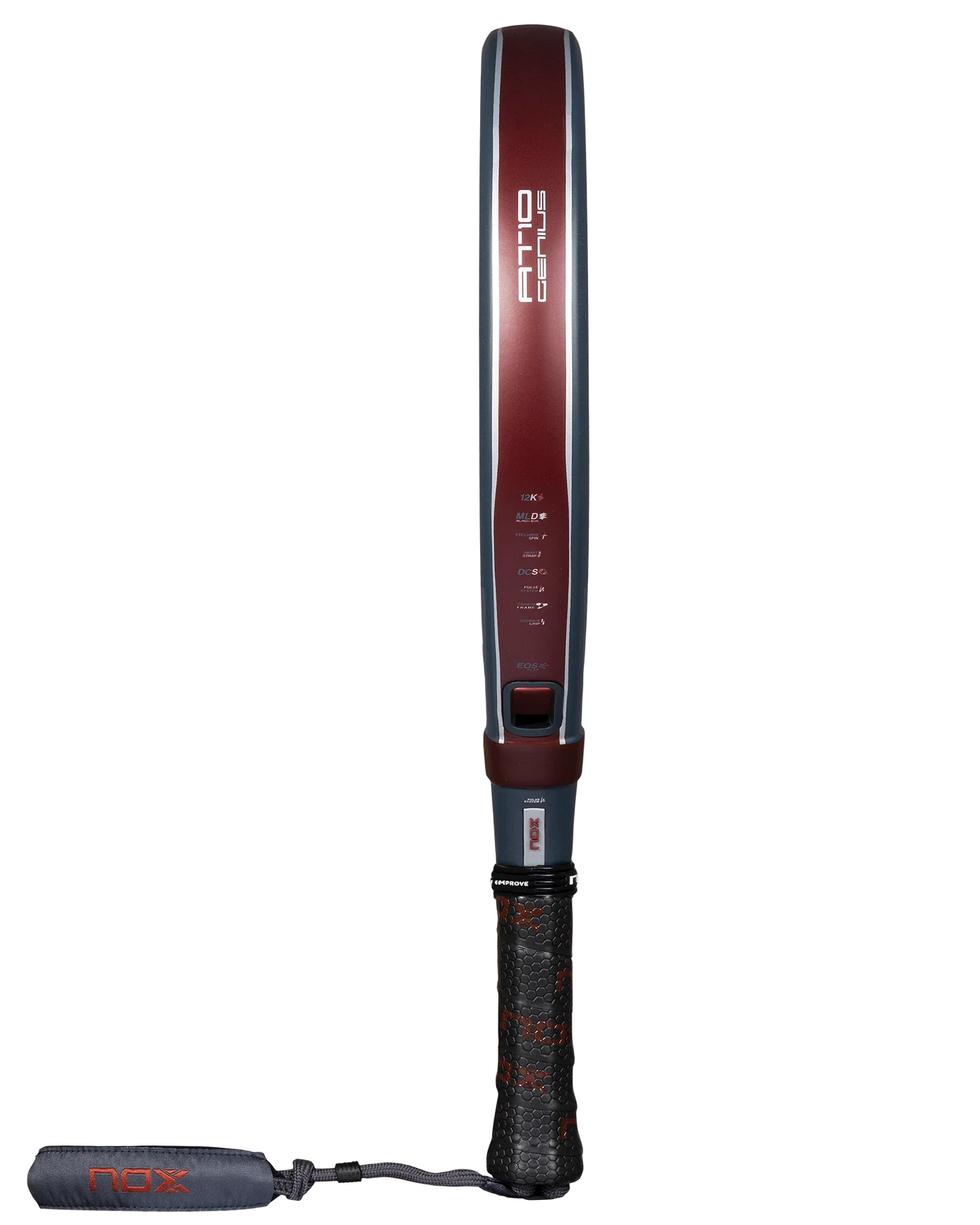 The Nox AT10 Luxury GENIUS 12K 2025 by Agustin Tapia from Padel USA is shown vertically with a maroon and gray design, MLD Black Eva core, AT10 and Genius on the face, textured black grip, and coiled wrist strap featuring a NOX tag.