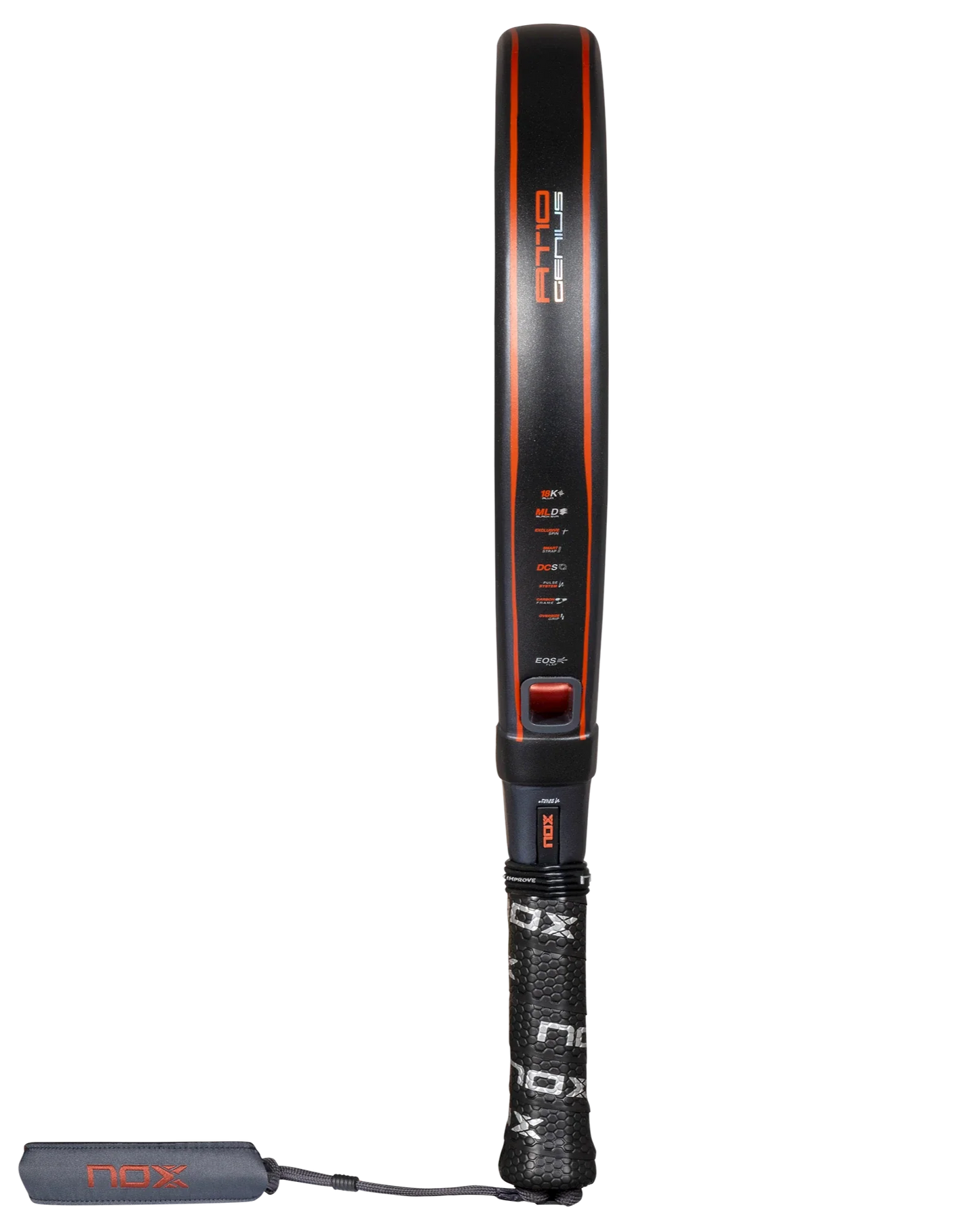 The Nox AT10 Luxury GENIUS 18K Alum by Agustín Tapia from Padel USA is shown vertically in black with a red accent, white NOX branding on the Custom Grip, EXCLUSIVE SPIN technology, and printed specs along the side.