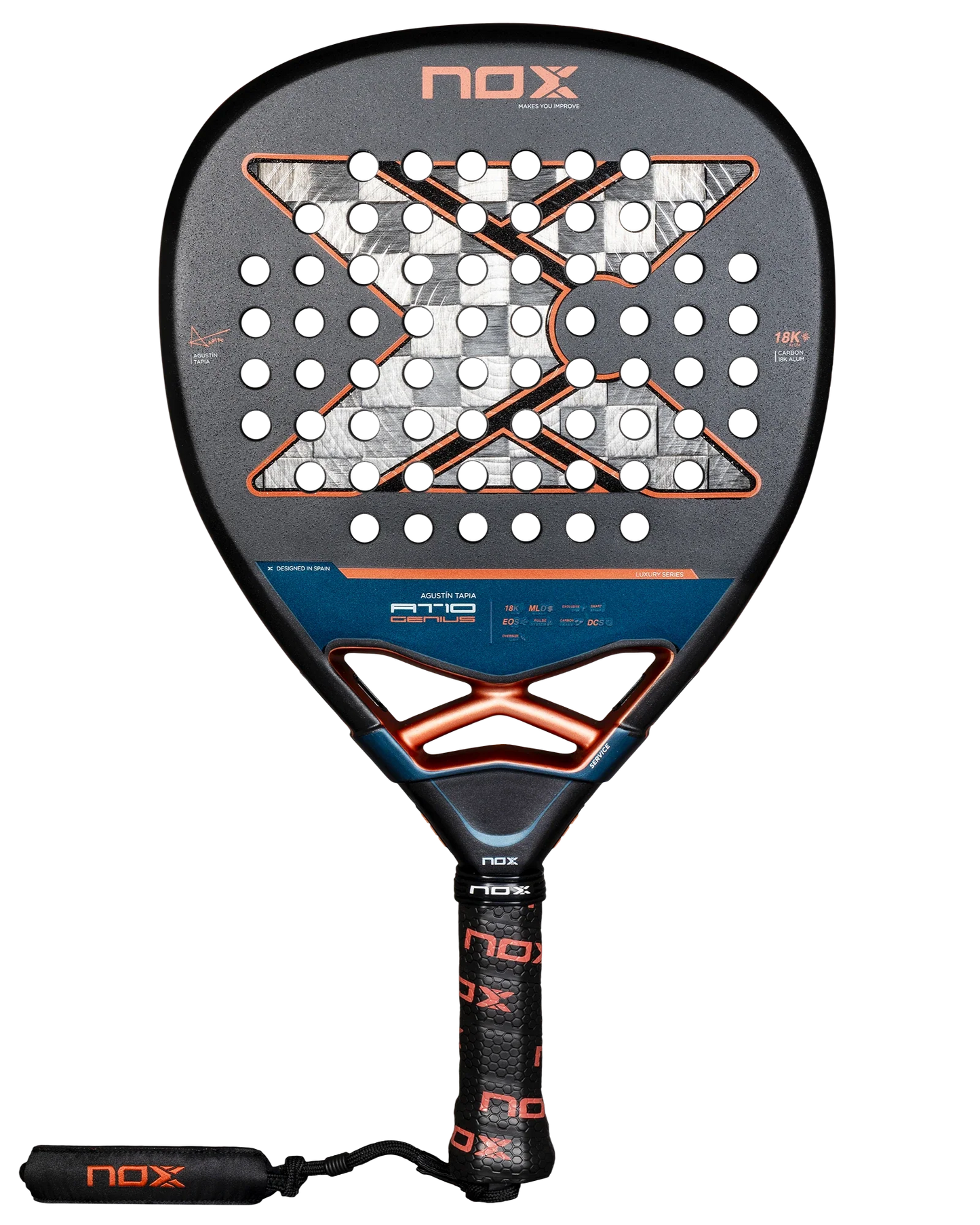 Close-up of the Nox AT10 Luxury GENIUS ATTACK 18K Alum 2025 by Agustin Tapia from Padel USA, featuring a teardrop shape, black X design with white/red accents, 18K aluminized carbon frame, model text, NOX grip, and wrist strap.