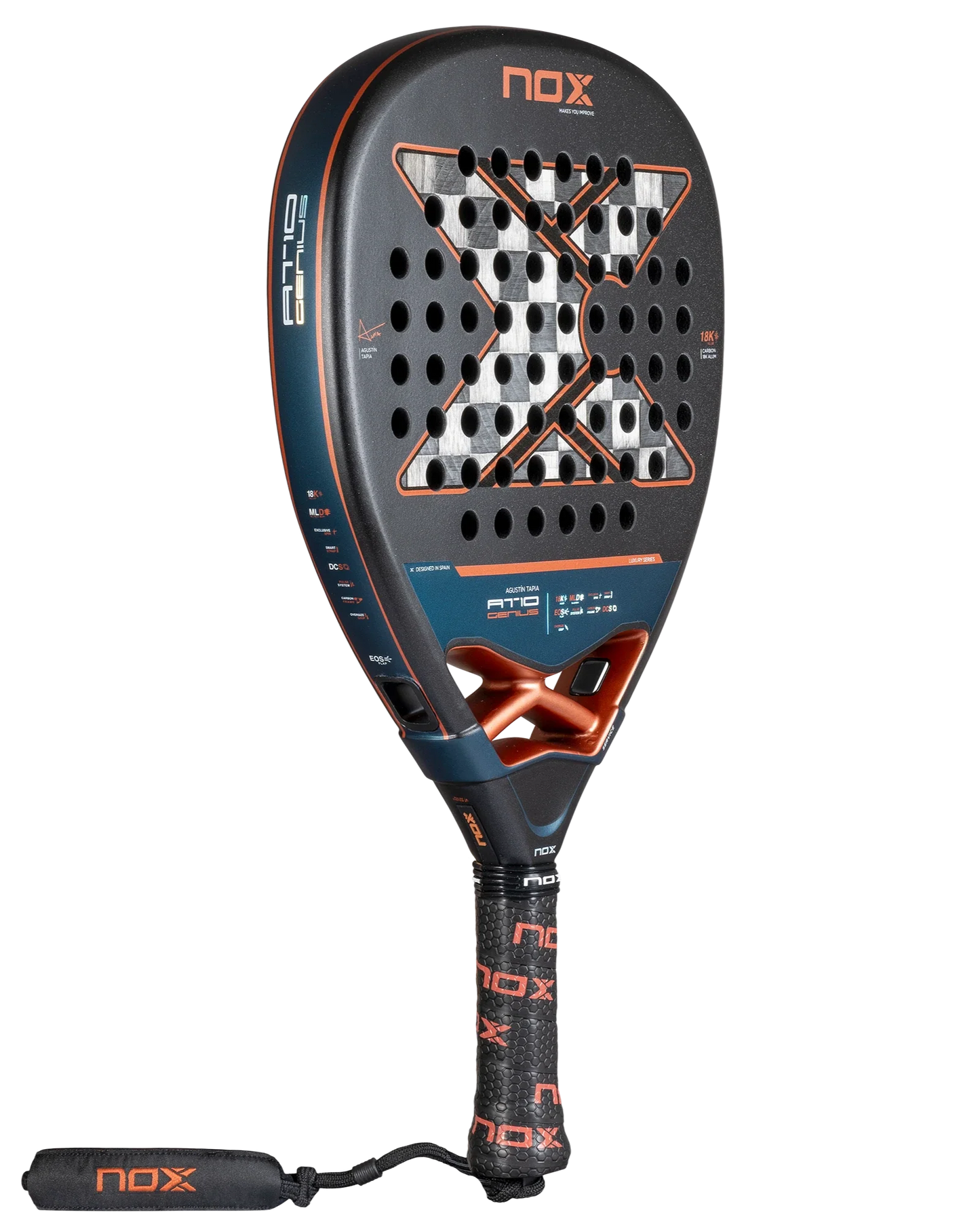 The Nox AT10 Luxury GENIUS ATTACK 18K Alum 2025 by Agustin Tapia from Padel USA is a black, orange, and grey diamond-shaped padel racket featuring a large “X,” checkered pattern, round holes, 18K aluminized carbon, and black grip with orange NOX branding.