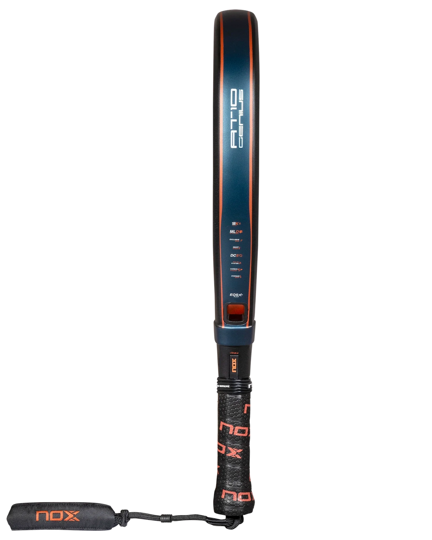 The Nox AT10 Luxury GENIUS ATTACK 18K Alum 2025 by Agustin Tapia from Padel USA is a black, diamond-shaped padel racket with 18K aluminized carbon, EXCLUSIVE SPIN tech, visible brand details, and an orange-labeled strap on the grip.