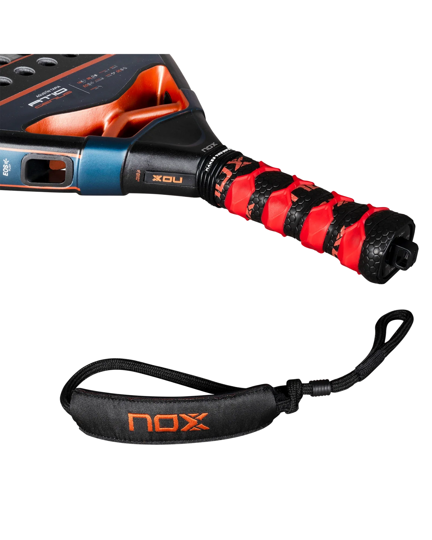 Close-up of the Nox AT10 Luxury GENIUS ATTACK 18K Alum 2025 by Agustin Tapia handle from Padel USA, with black and red grip tape and a black wrist strap. Below, a detachable black strap shows the orange “NOX” logo on a plain white background.