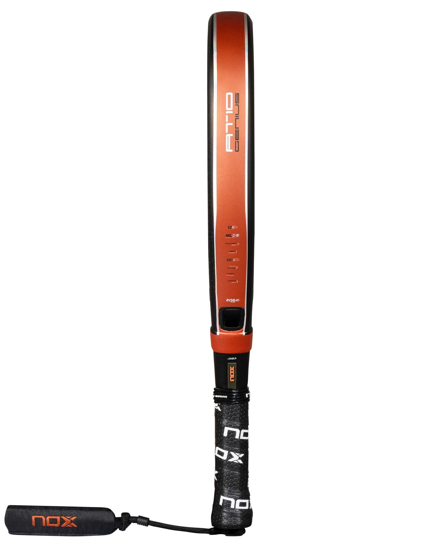 A close-up of the Nox AT10 Luxury GENIUS ATTACK 12K 2025 by Agustin Tapia from Padel USA, showing its orange and black diamond shape, black grip with “NOX” branding, wrist strap, and advanced 12K carbon construction.