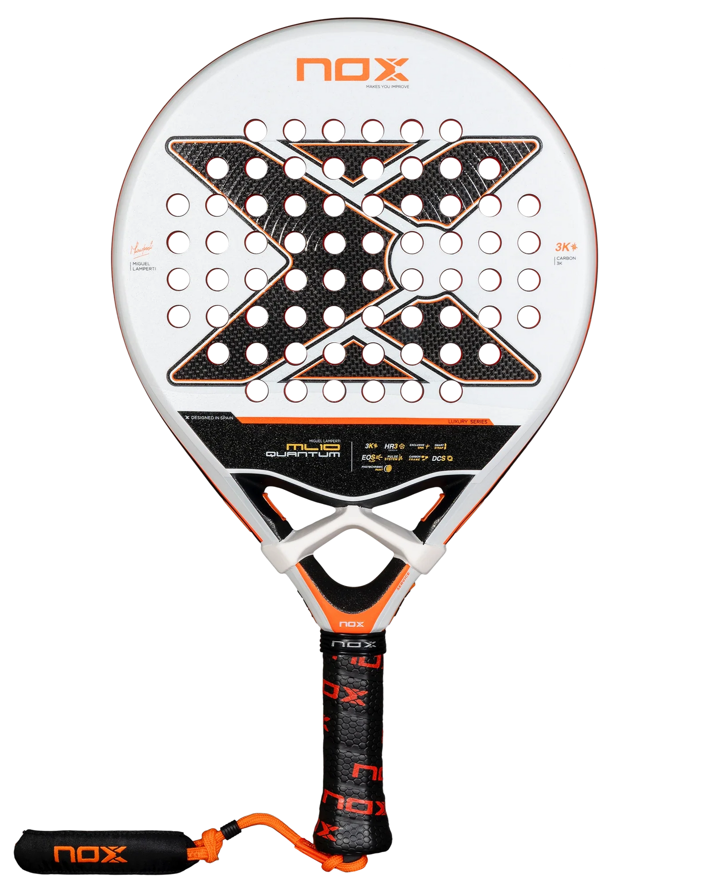 The Nox ML10 QUANTUM 3K by Padel USA, Miguel Lamperti’s racket, is white with a large black X and round holes. Made from 3K carbon fiber, it features a black handle with orange accents, NOX Custom Grip, and ML10 Quantum 3K branding.