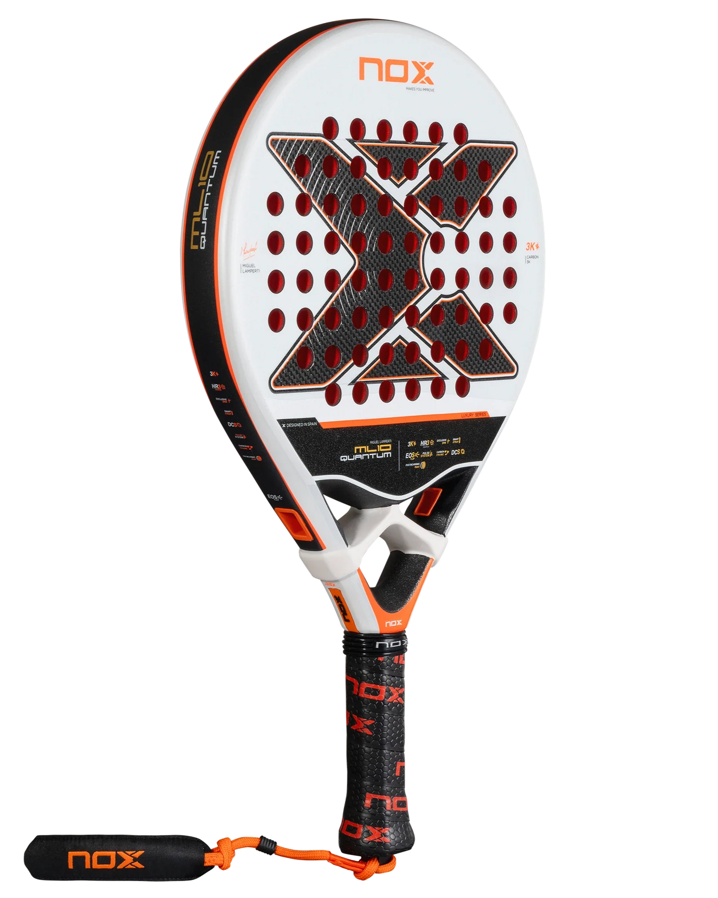 The Nox ML10 QUANTUM 3K padel racket by Padel USA, designed for Miguel Lamperti, features a white face with a bold black and red X, orange accents, round holes, 3K carbon fiber surface, NOX Custom Grip with an orange strap, and neck technical details.