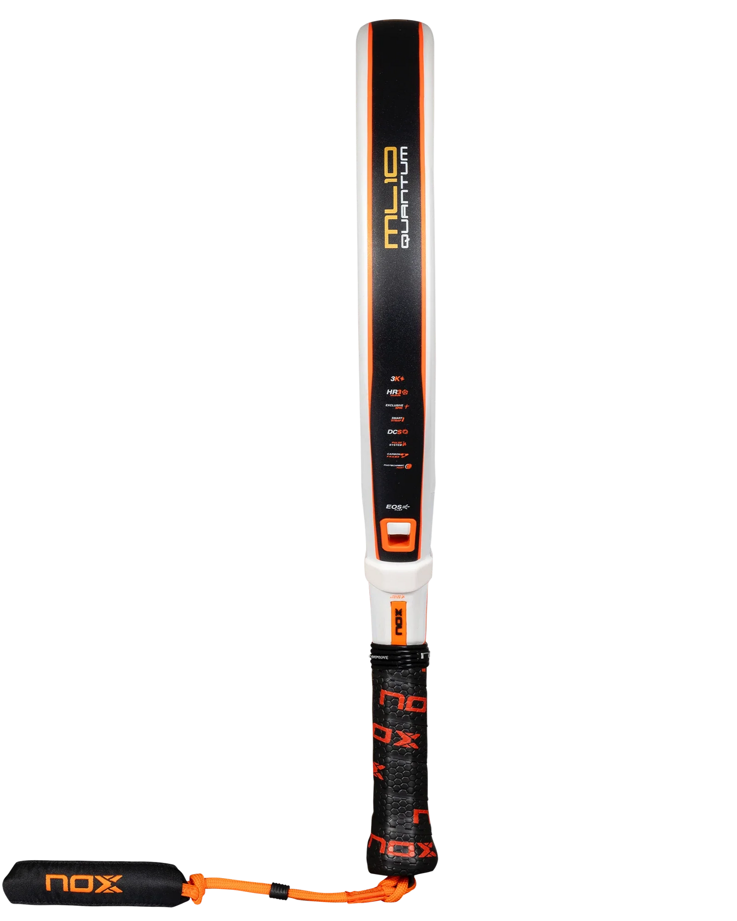 A black, orange, and white Nox ML10 QUANTUM 3K padel racket by Padel USA is shown from the edge. “ML10 Quattro” is on the side. The NOX Custom Grip handle has black tape, orange branding, and an orange wrist strap with a padded NOX tag.