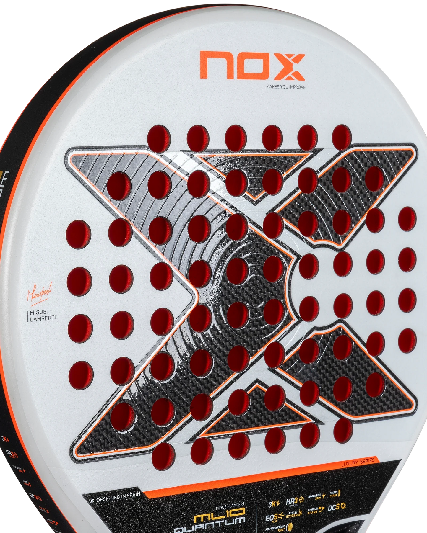 Close-up of the Nox ML10 QUANTUM 3K by Padel USA, featuring a white surface with a bold black X, red holes, 3K carbon fiber, NOX logo at the top, Miguel Lamperti’s signature on the left, and technical details plus branding at the bottom.
