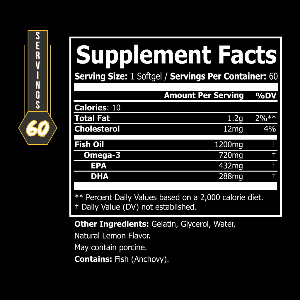 BLACKLABEL Supplements OMEGA 3 features a black label showing nutrition facts for fish oil softgels rich in Omega-3, delivering EPA and DHA to support muscle recovery. Each softgel contains 1200mg fish oil (anchovy).