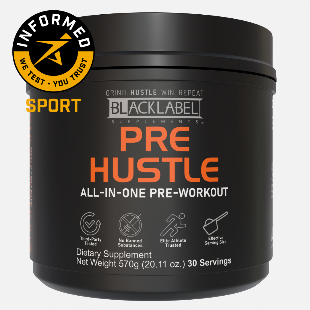 A black BLACKLABEL Supplements PRE HUSTLE pre-workout container with orange and white text, featuring “All-In-One Pre-Workout,” “Endurance,” “No Banned Substances,” and “Elite Athlete Trusted.” Contains 30 servings with an Informed Sport badge.