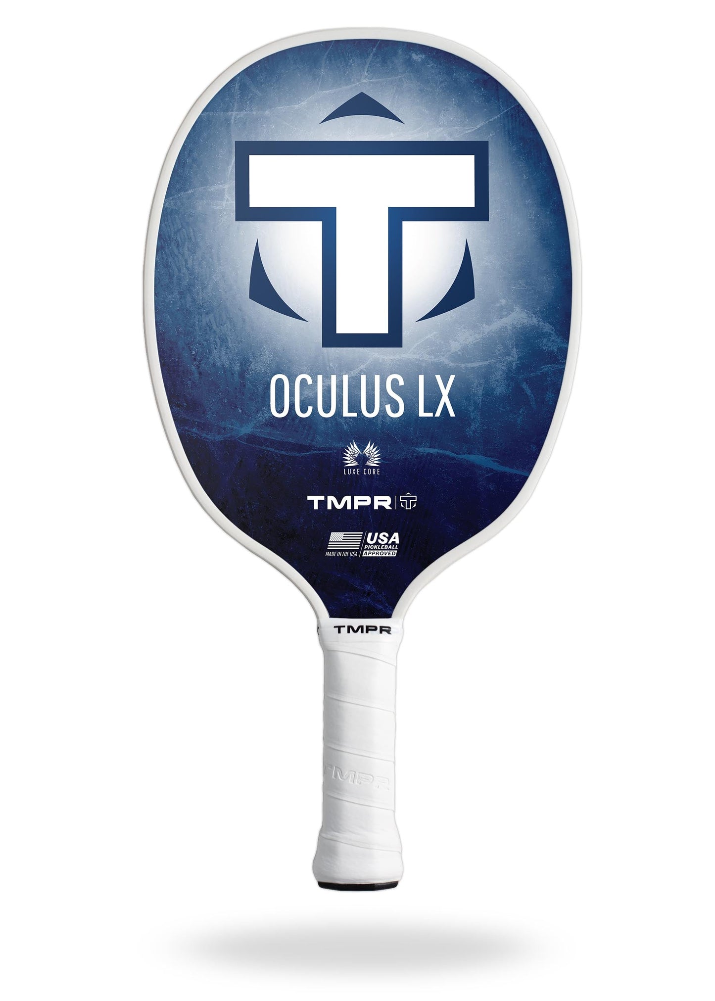 The Oculus LX | Indigo Ice by TMPR Sports is a blue and white limited edition pickleball paddle featuring a large white “T” logo, white trim, wrapped handle, and “TMPR” plus “USA Pickleball Approved” branding on the bottom face.
