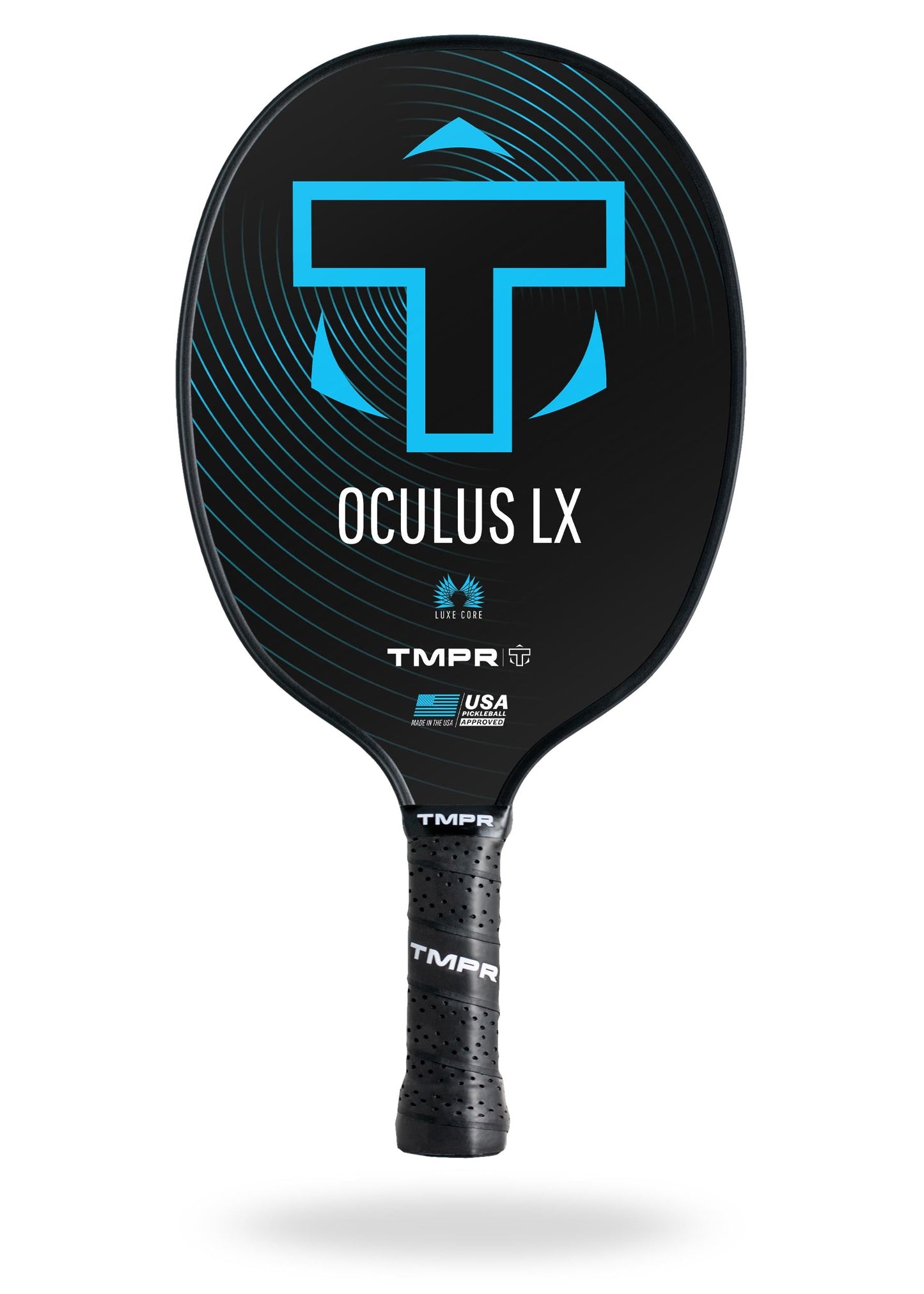 The TMPR Sports Oculus LX pickleball paddle is black with blue accents, a large stylized T logo, “OCULUS LX” text, Luxe Core tech, USA Pickleball branding, and features a textured handle with black grip tape.
