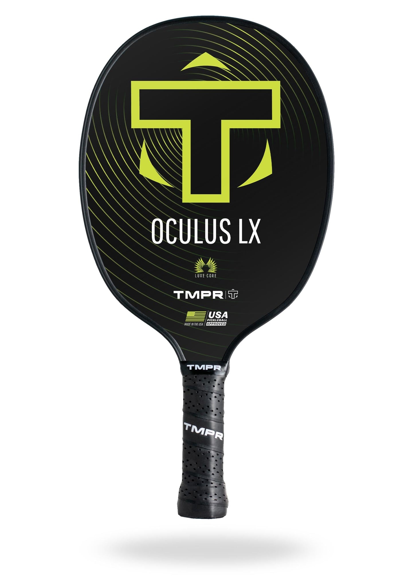 A black and green TMPR Sports Oculus LX pickleball paddle featuring a large bold T logo, Luxe Core branding, LIFE CORE and USA markings, plus a black grip handle—displayed on a white background.