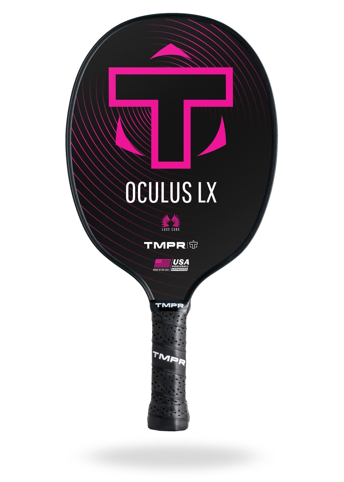 The TMPR Sports Oculus LX pickleball paddle features a bold pink T and concentric lines, with "OCULUS LX" in white. Logos for TMPR Sports, Love Core, and USA Pickleball Approved appear above the black grip handle.