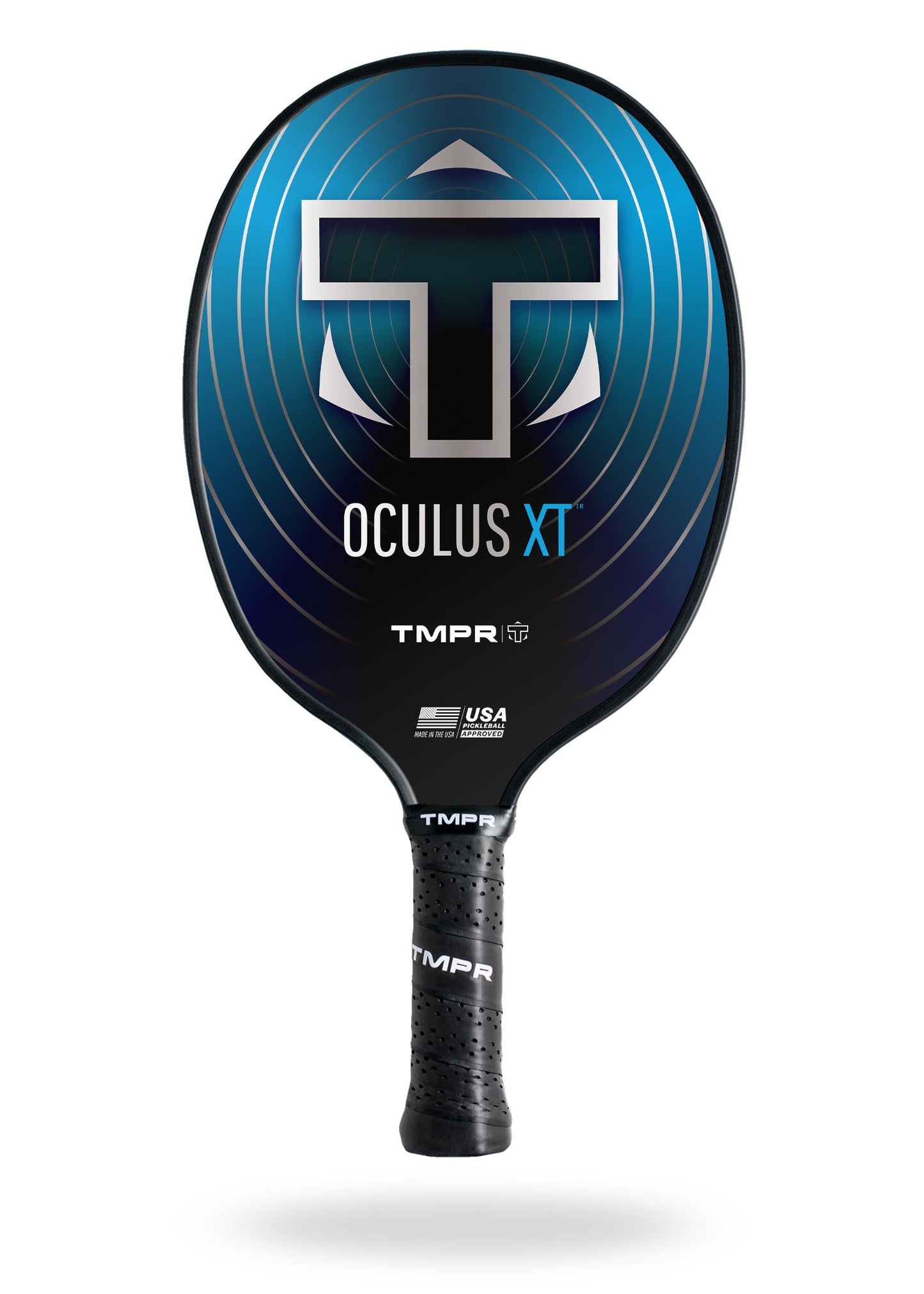 The TMPR Sports Oculus XT paddle features a blue and black design with a large silver T, blue rings, “OCULUS XT” and “TMPR” printed below. It has a textured black grip for spin control and is USA Pickleball Approved near the base.