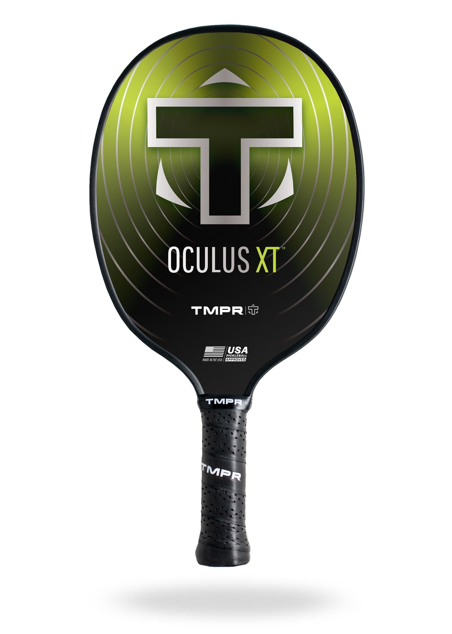 The TMPR Sports Oculus XT paddle features a black and green gradient design, a large "T" logo, "OCULUS XT" in white and green, black grip tape, and a USA Pickleball Approved logo for top spin control near the throat.