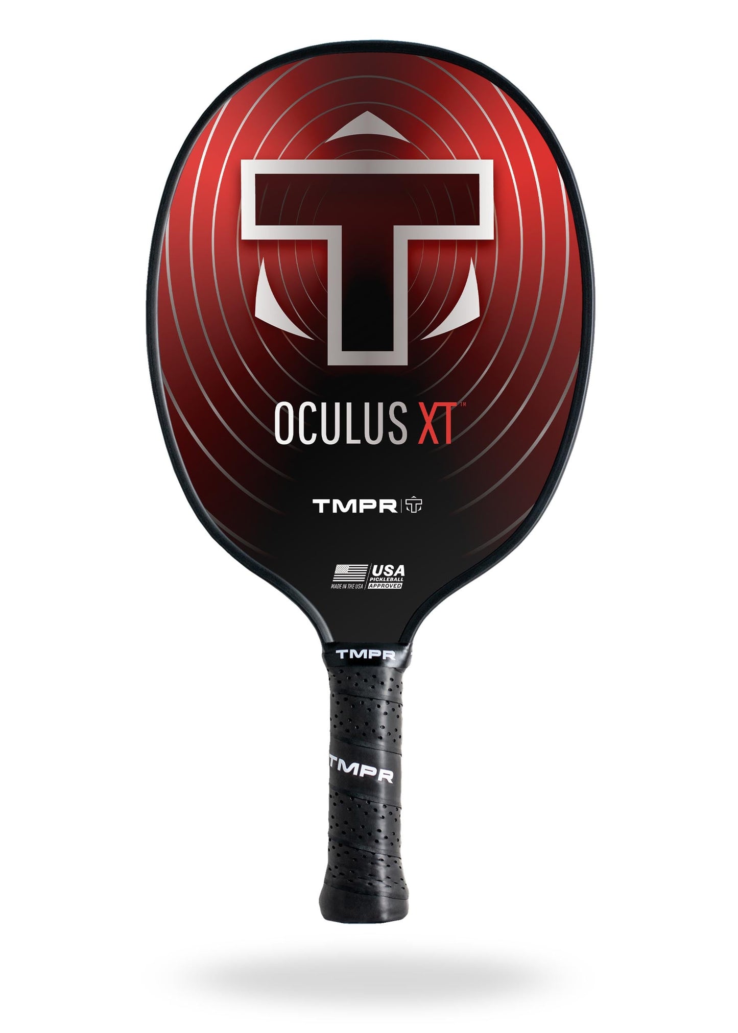 The TMPR Sports Oculus XT paddle features black and red concentric circles, a metallic T logo, "Oculus XT" text, and a textured grip for spin. TMPR Sports and USA Pickleball logos appear on the paddle face.
