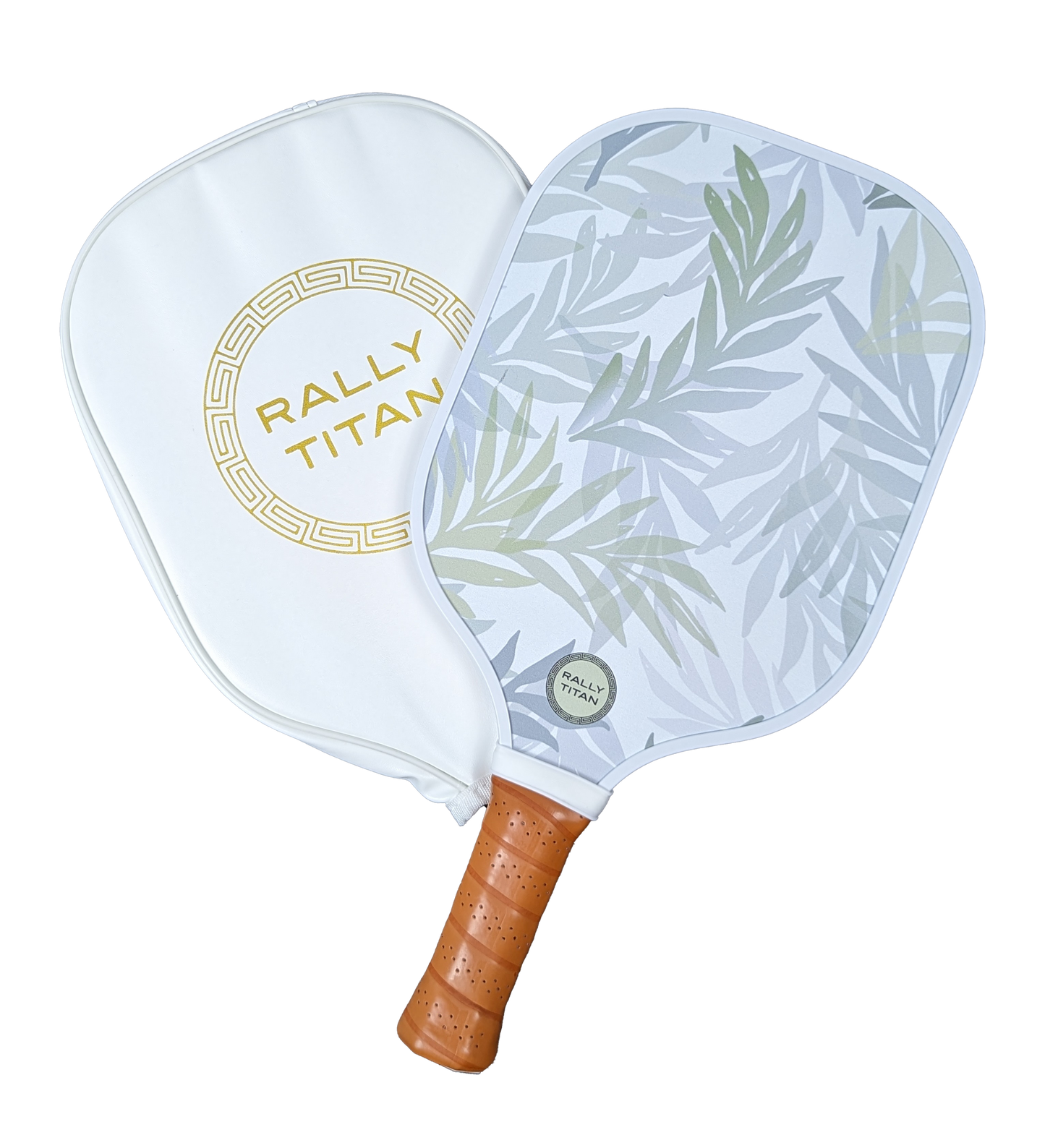 The Olive B paddle by Rally Titan Pickleball has a light brown textured grip and a white T300 carbon fiber face with a leafy pattern. It comes with a white, gold-trimmed cover labeled “RALLY TITAN” and features a strong 10mm polypropylene core.