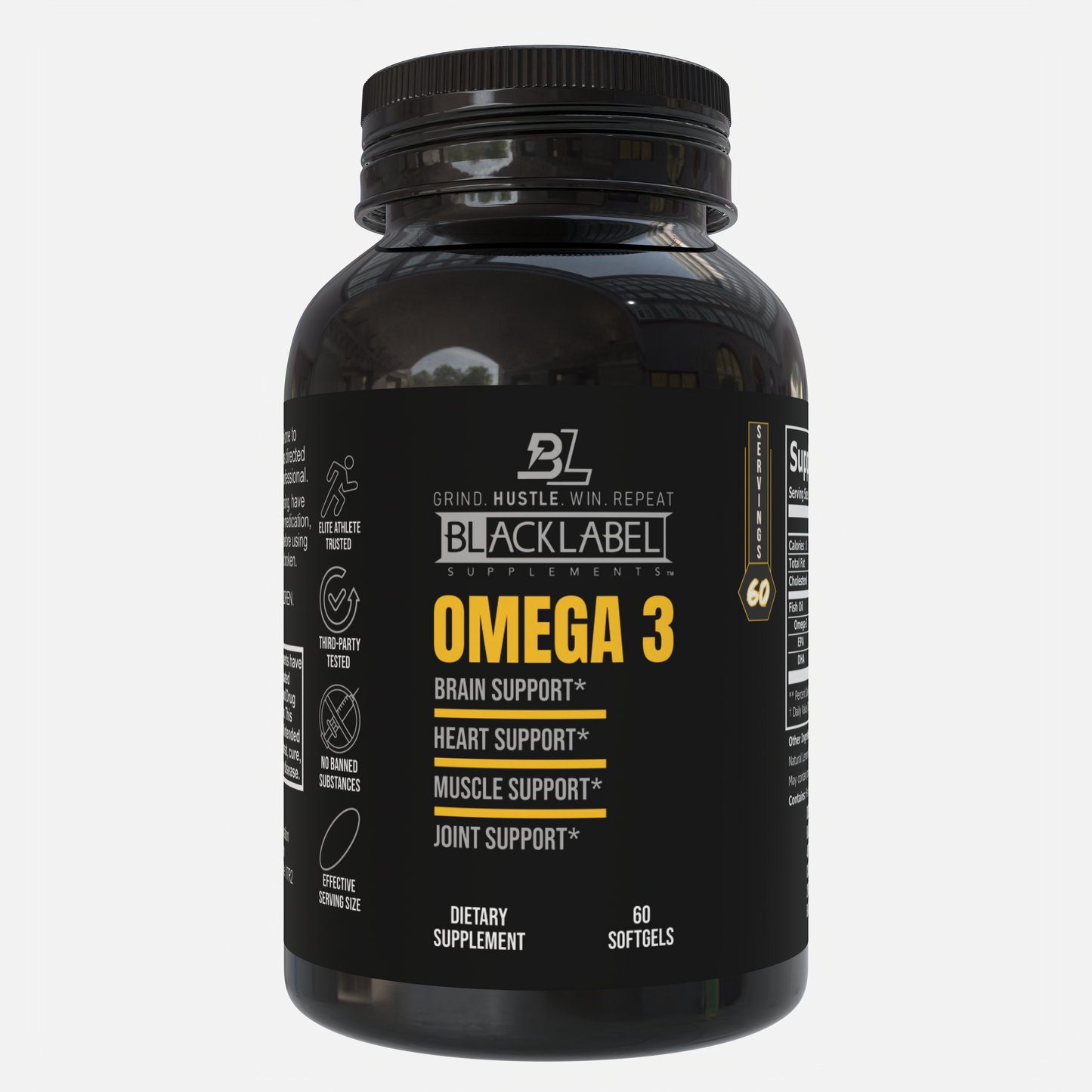 A black BLACKLABEL Supplements OMEGA 3 bottle with bold yellow and white text highlights brain, heart, muscle recovery, and joint support from EPA and DHA. Contains 60 dietary supplement softgels.