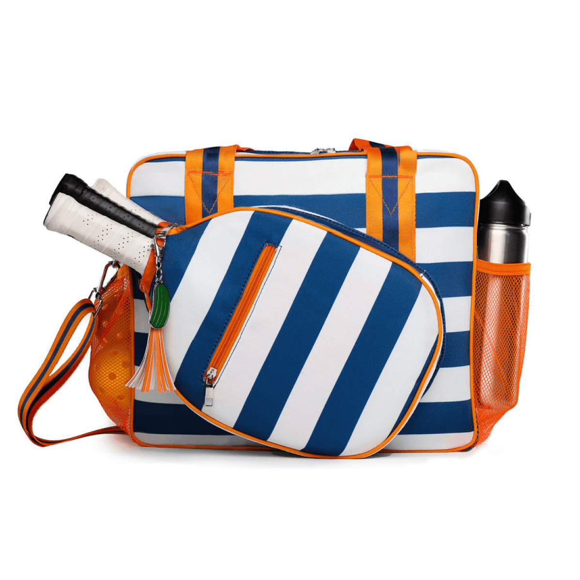 The Fresh Pickle Lola Pickleball Tote Bag features blue and white stripes with orange handles and trim, a shoulder strap, zippered compartments, an orange mesh pocket holding a silver water bottle, and a matching racquet cover.