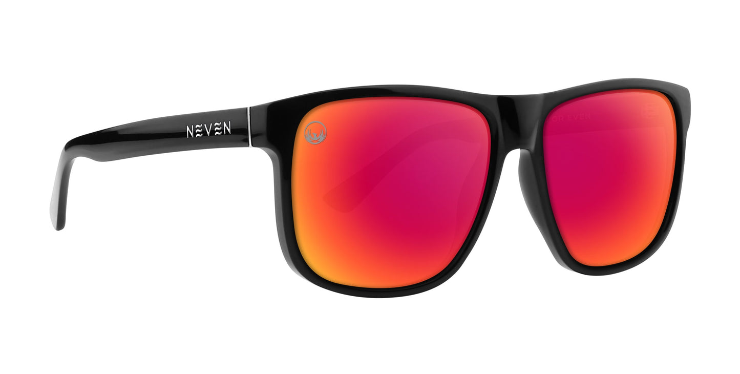The Neven Eyewear Cinder sunglasses feature thick, curved black frames with reflective maroon mirrored polarized lenses, and the brand name in white on the left temple. Part of the Phoenix Collection.
