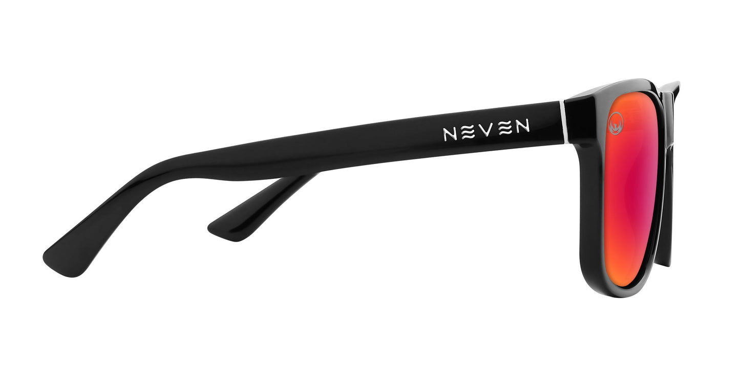 Cinder sunglasses by Neven Eyewear feature thick black frames and maroon mirrored lenses. The side arm displays the NEVEN logo in white. Shown on a white background, angled to highlight both the front and side.