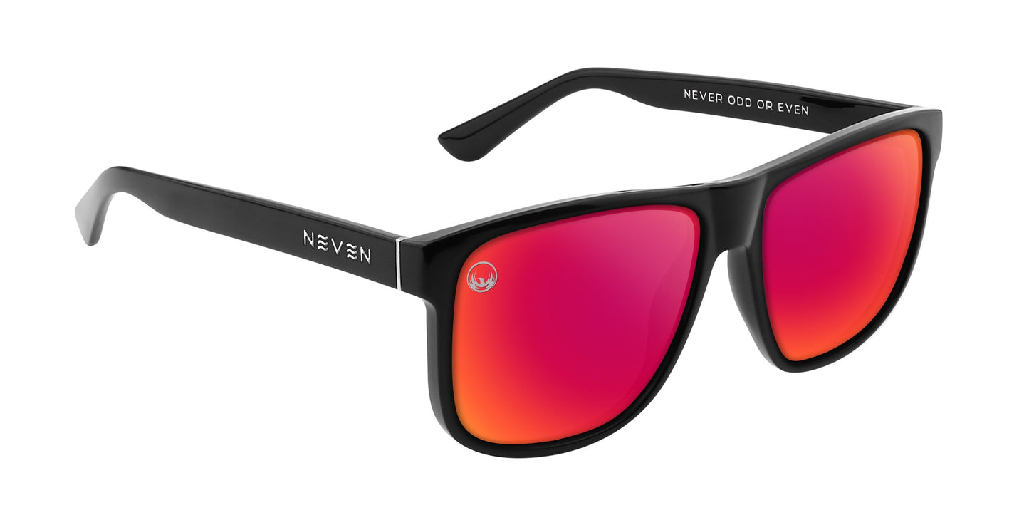 The Cinder sunglasses from Neven Eyewear feature black frames, bright red mirrored polarized lenses, "NEVER ODD OR EVEN" inside the right arm, "NEVEN" on the left arm, and a small logo on the top left lens.