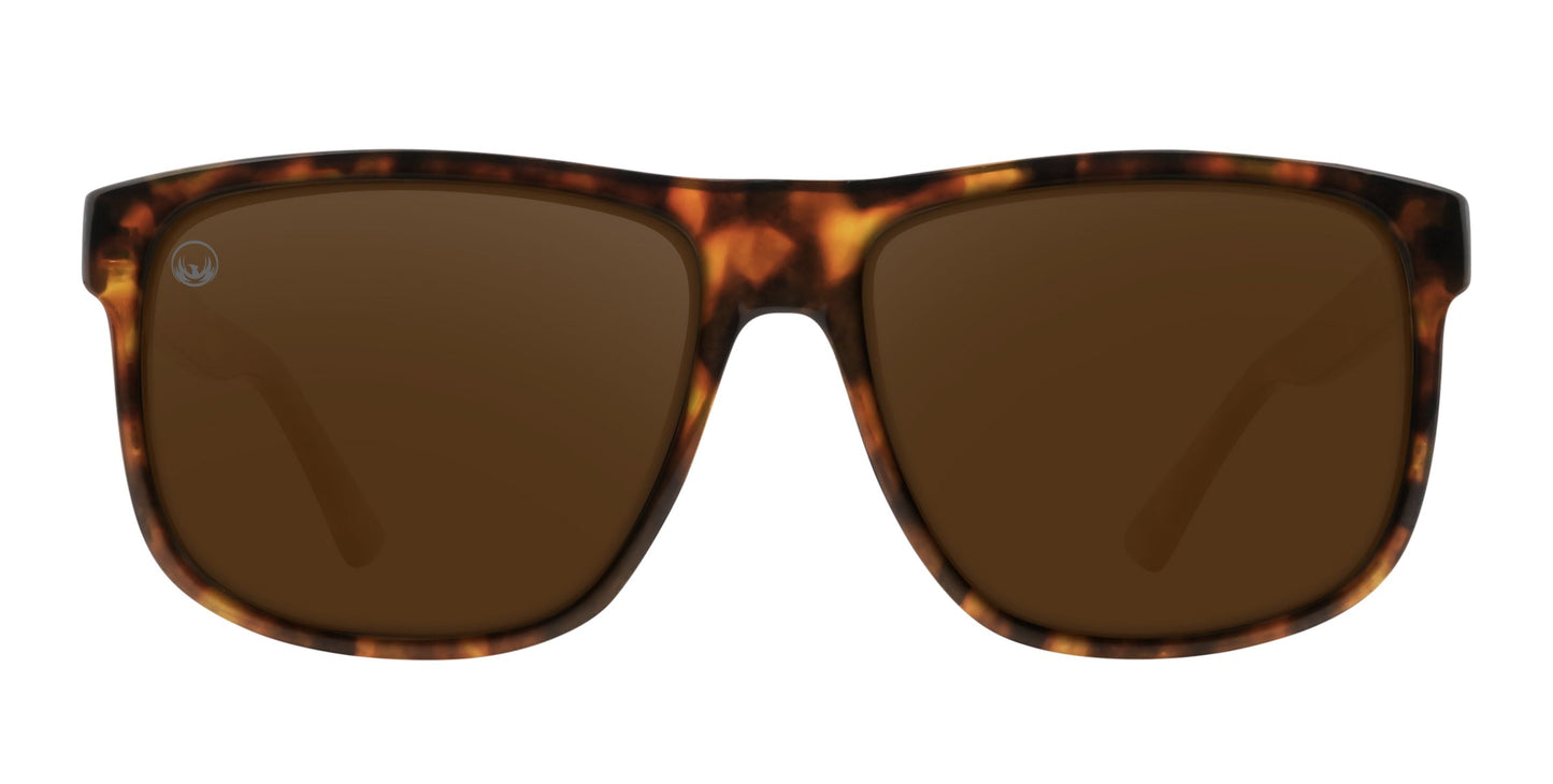 The Ember by Neven Eyewear is a pair of polarized sunglasses with a glossy brown tortoiseshell frame and rectangular dark brown lenses that offer UV400 protection, showcased against a white background.