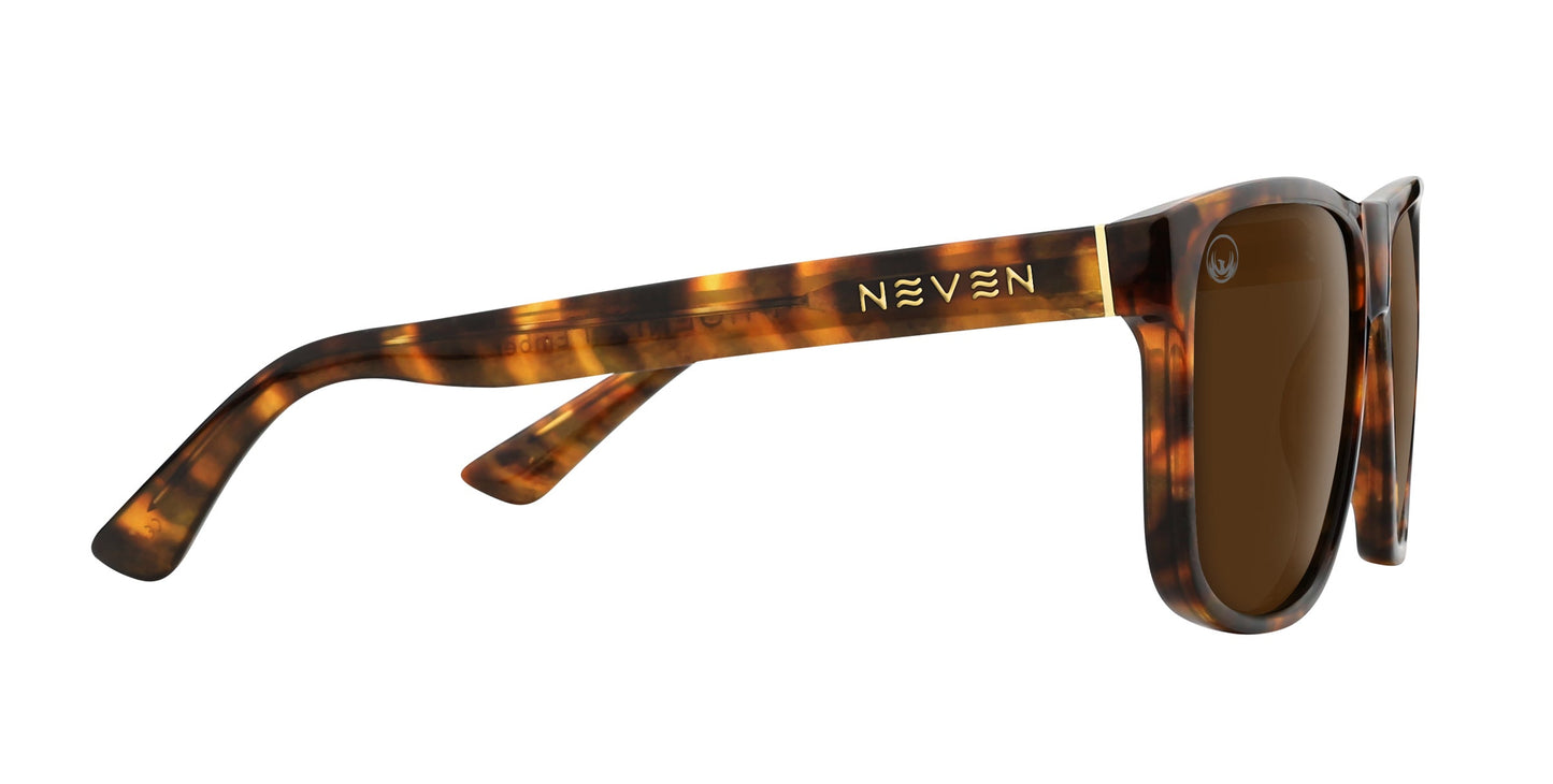 The Neven Eyewear Ember sunglasses feature a brown tortoiseshell frame, gold NEVEN logo on the arm, and dark brown polarized lenses. Shown from a side angle on a white background.