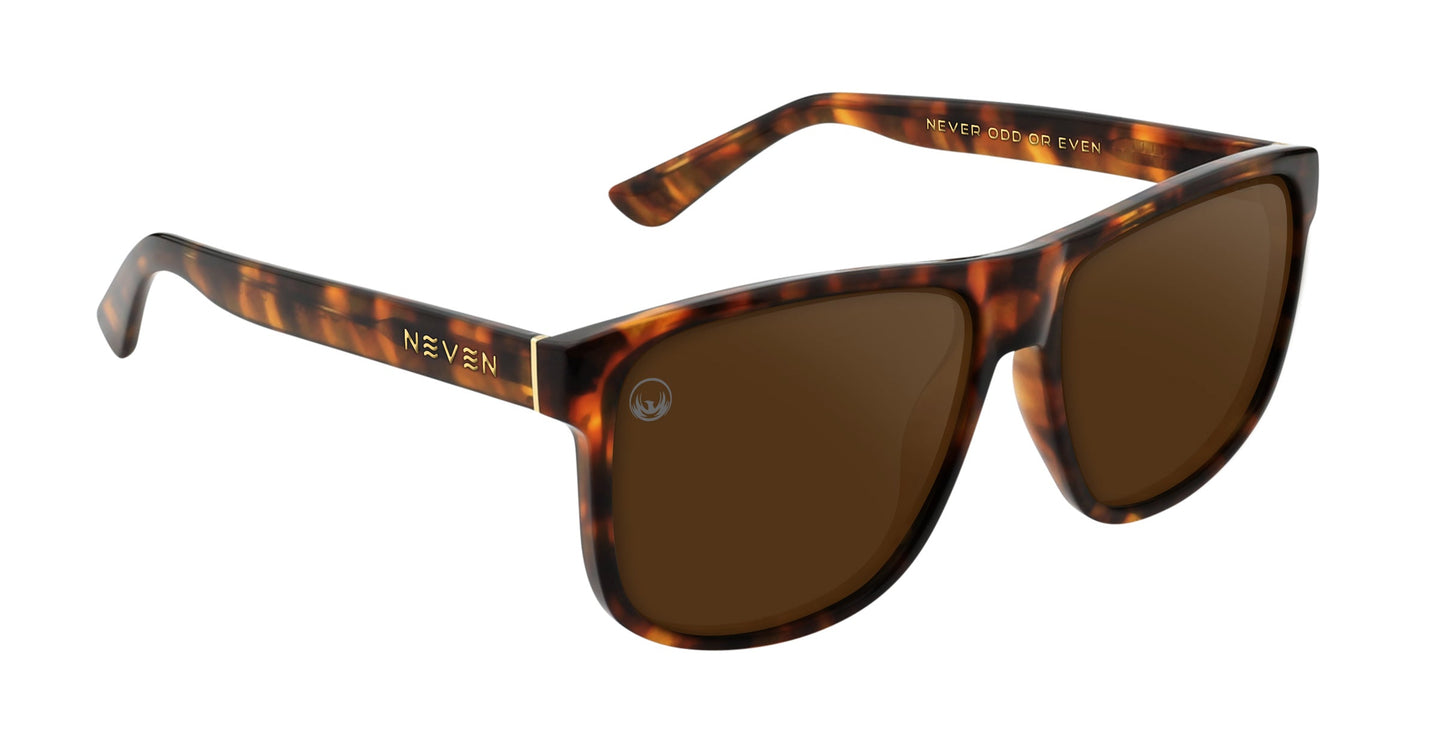 The Ember by Neven Eyewear are classic, squared polarized sunglasses with a tortoiseshell frame, brown lenses, UV400 protection, and glossy finish. "NEVEN" and "NEVER DOUBT EVEN" appear in gold on the wide left arm.