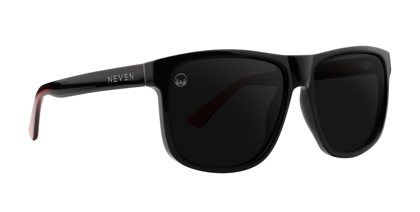 A pair of Ignite sunglasses by Neven Eyewear features a black rectangular frame and dark polarized UV400 lenses. "NEVEN" appears in silver on the left temple, and a small circular logo is on the right lens.