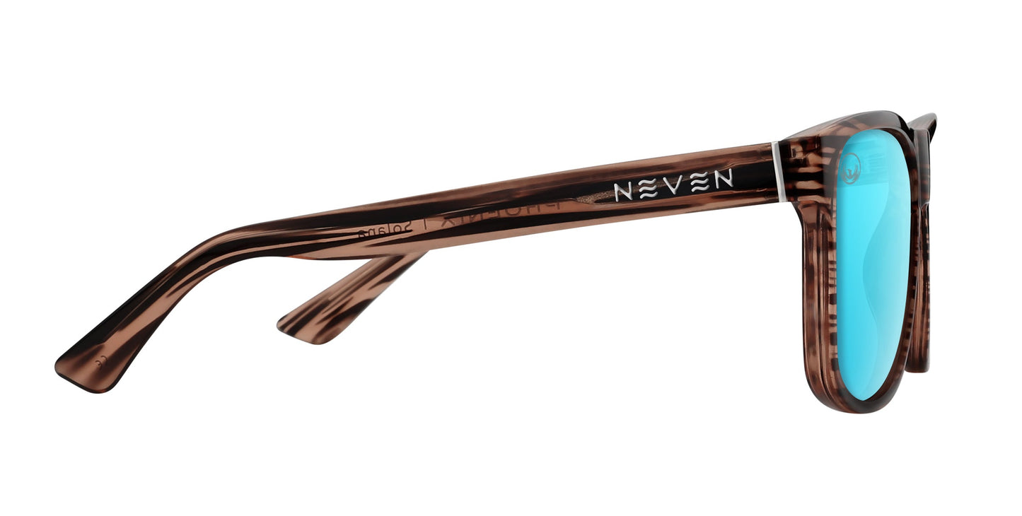 Side view of brown, wood-grain Solana sunglasses by Neven Eyewear with thick arms, bright blue polarized lenses, and “NEVEN” in white on the arm. Part of the Phoenix Collection, shown against a plain white background.