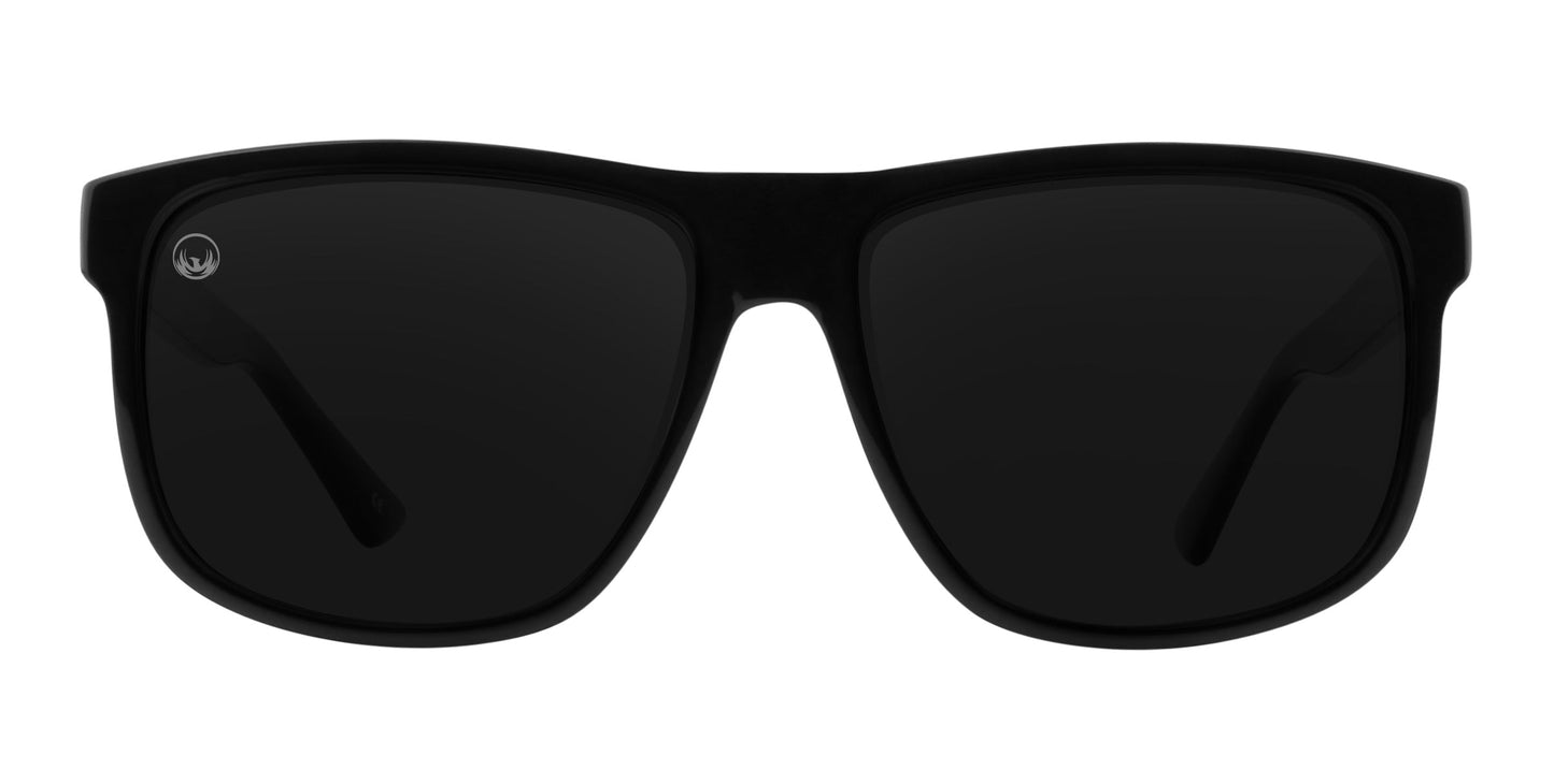 A pair of Triumph black rectangular polarized sunglasses by Neven Eyewear, featuring thick frames and dark lenses from the Phoenix Collection, displayed facing forward on a plain white background.
