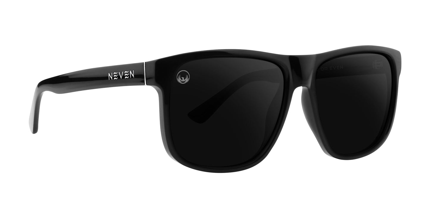 Triumph sunglasses by Neven Eyewear feature black rectangular polarized lenses, glossy frames, and NEVEN printed in white on the left arm. The large classic design adds style, shown against a plain white background.