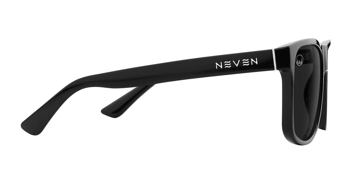 A pair of Triumph black polarized sunglasses from Neven Eyewear’s Phoenix Collection, shown side-on with the white NEVEN logo on the left temple arm. The glossy rectangular frame appears against a plain white background.