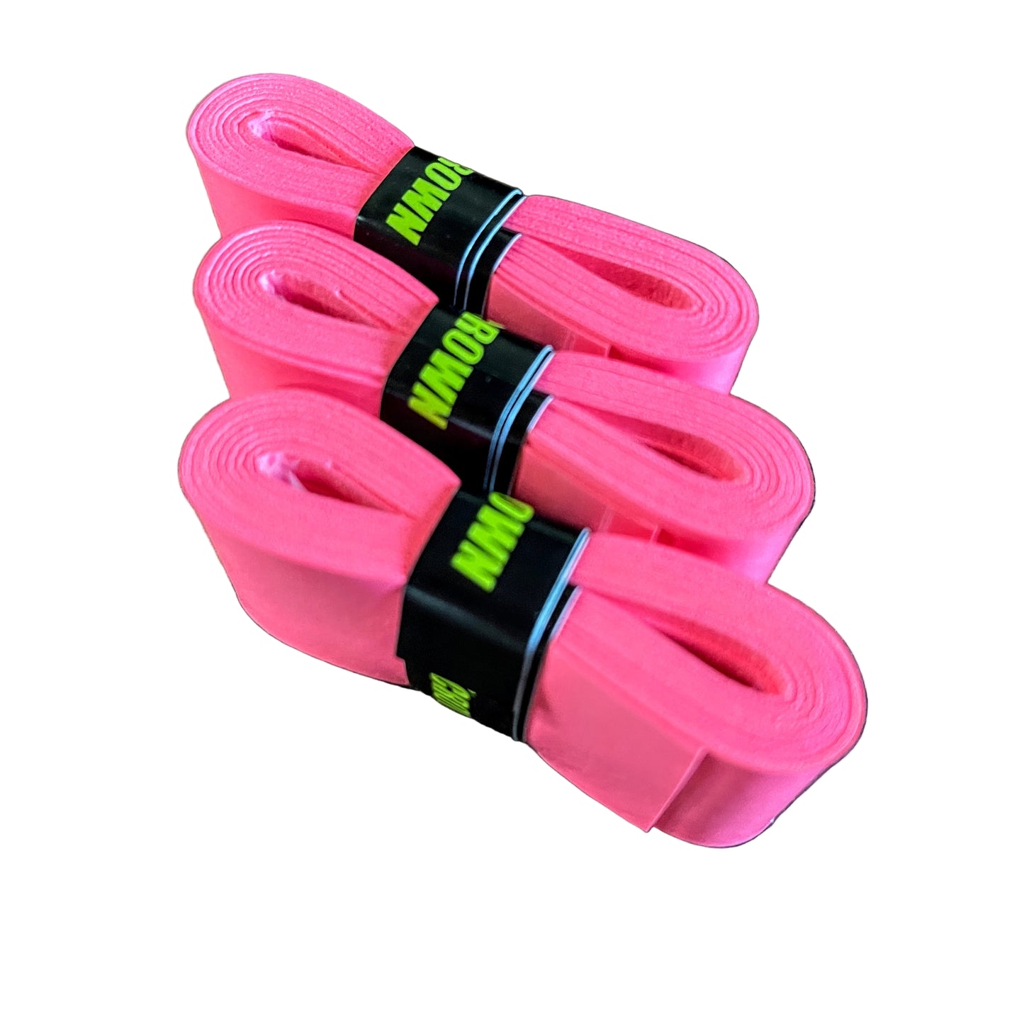 Three neatly coiled, bright pink CROWN PICKLEBALL overgrips from Crown Pickleball are stacked together, each secured with a black strap. Their sweat-absorbing design offers grip and comfort like cushioned paddle grips used on pickleball paddles.