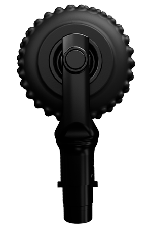The iReliev MVP+ GlidePro Massager Roller is shown vertically from the front, featuring a black, round ribbed spray nozzle with a central button connecting to a cylindrical shaft, all set against a plain white background.