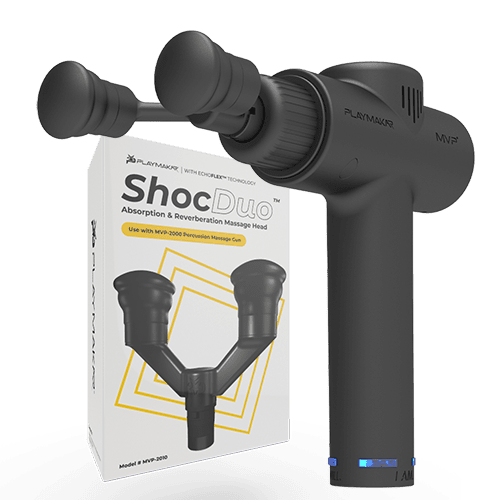 A black iReliev MVP+ ShocDuo Massage Tool Head with dual round heads is displayed next to its box, featuring “ShocDuo Absorption & Reverberation Massage Head” and EchoFlex Air Transfer Pocket Technology. The background is plain white.