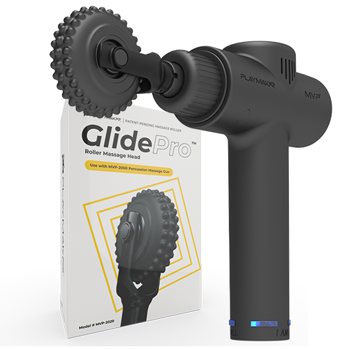 A black handheld iReliev MVP+ GlidePro Massager Roller is shown next to its box. The roller head is designed to target myofascial trigger points for effective relief.