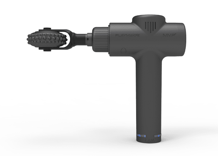 The iReliev MVP+ GlidePro Massager Roller is a black, handheld device with a cylindrical handle, horizontal body, GlidePro massage head, power button at the base, and blue indicator lights near the bottom.