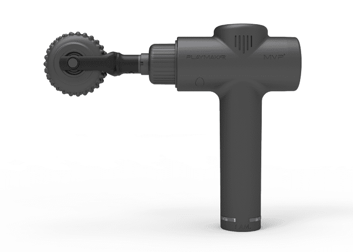 The iReliev MVP+ GlidePro Massager Roller is a black, handheld percussion device with a modern design and minimal branding, featuring a GlidePro Roller Massage Head for myofascial trigger points. Shown on a plain white background.