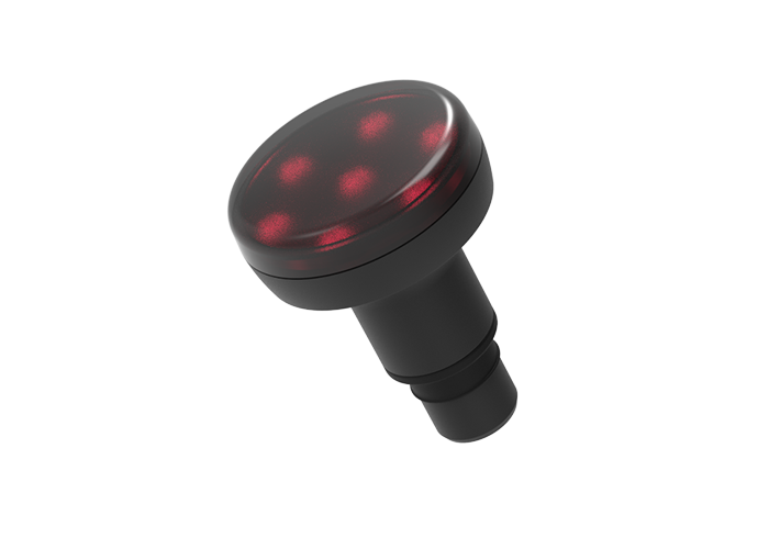 The iReliev MVP+ HeatTip Heated Massage Head is a black, cylindrical attachment with a rounded top and six red LED lights, designed for percussion massage guns to aid muscle recovery.