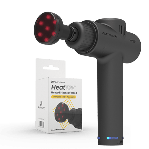 A black handheld percussion massage gun with a red-lit MVP+ HeatTip Heated Massage Head by iReliev is shown. Behind it, the packaging box labeled “MVP+ HeatTip Heated Massage Head” features product images and branding on a white background.