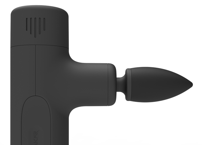 Close-up of an iReliev MVPmini DynamicDuo massage gun (Fits MVPmini) with Bullet Massage Head attached. The device is oriented horizontally, main body on the left and attachment extending right, against a plain white background.