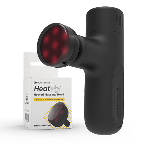 A black handheld percussion massage gun with a red glowing MVPmini HeatTip Massage Head by iReliev is displayed upright next to its white packaging box labeled "MVPmini HeatTip Massage Head," designed for enhanced muscle recovery.