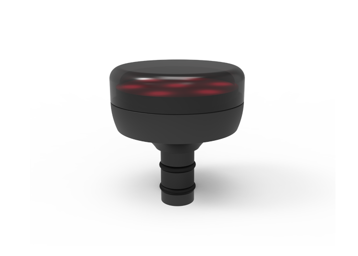 The iReliev MVPmini HeatTip Massage Head is a black, cylindrical device with a ribbed base and a translucent red-glowing top, shown centered on a white background with a soft shadow.