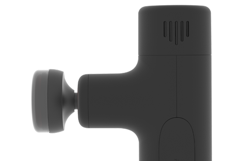A close-up side view of the iReliev MVPmini featuring its black HeatTip Massage Head, minimalist design, and upper vent slots. The white background highlights this tool for muscle recovery.