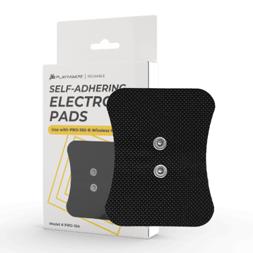 A black, rectangular snap-style electrode pad with two silver snaps is shown before its packaging labeled "Premium WiTENS Electrode Pads (3 CT)" by iReliev, featuring yellow accents and a partial instruction—compatible with the PRO-100 Mini TENS.