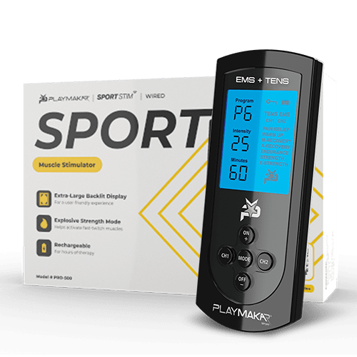 A black iReliev SPORT Muscle Stimulator with Explosive Strength Mode features a blue backlit screen showing program, intensity, and minutes. It stands in front of a branded white and yellow product box highlighting key details.